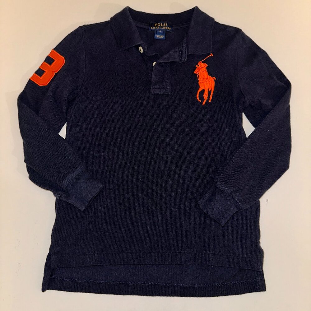 VINTAGE Polo Ralph Lauren Shirt Boy 5 NAVY large orange pony Youth